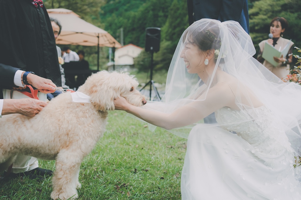 新城のカフェウェディング会場で愛犬と過ごすナチュラルな結婚式の様子
